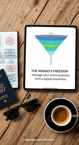 61 Flat lay of an iPad on a rustic wooden cafe table showing a funnel chart a passport a pair of sun.jpg