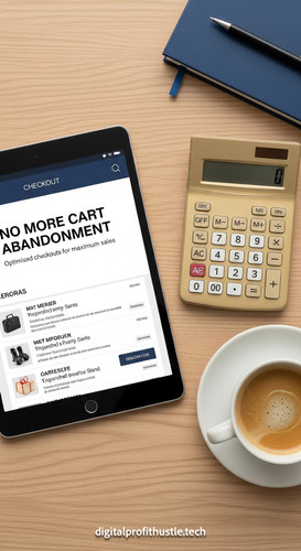 79 Overhead view of a tablet showing a checkout page a gold calculator a blue notebook and a cup of .jpg