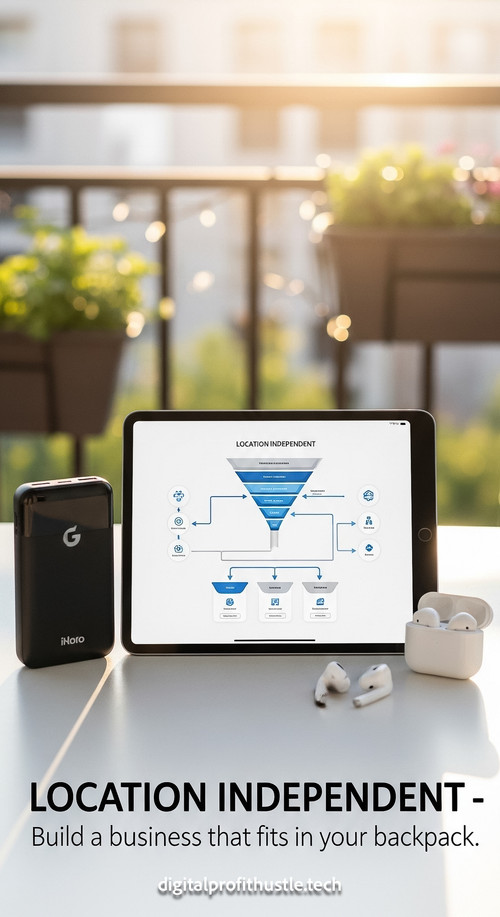 63 Flat lay of an iPad showing a funnel flowchart a portable power bank a pair of earbuds and a sund.jpg