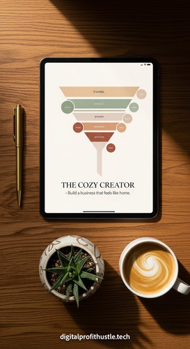 80 Flat lay of an iPad on a dark oak desk showing a clean funnel layout a brass pen a small ceramic .jpg