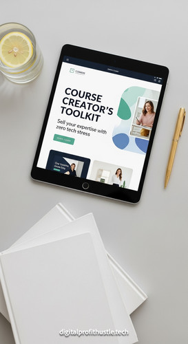 12 Topdown view of an iPad showing a landing page for a course a gold pen a stack of white books and.jpg