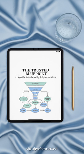 93 Flat lay of an iPad on a light blue silk background showing a sales funnel blueprint a gold stylu.jpg