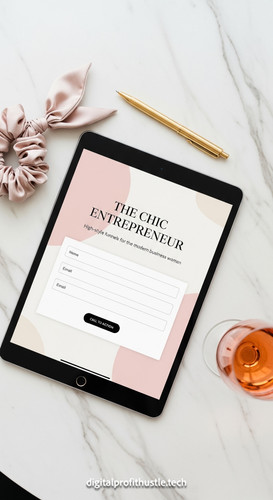 89 Flat lay of an iPad on a white marble desk showing a lead capture form a gold pen a silk scrunchi.jpg