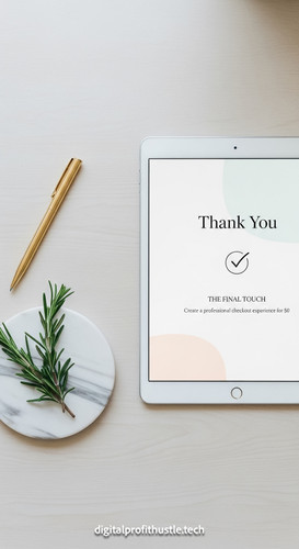 97 Flat lay of an iPad displaying a Thank You page a gold pen a marble coaster and a sprig of rosema.jpg