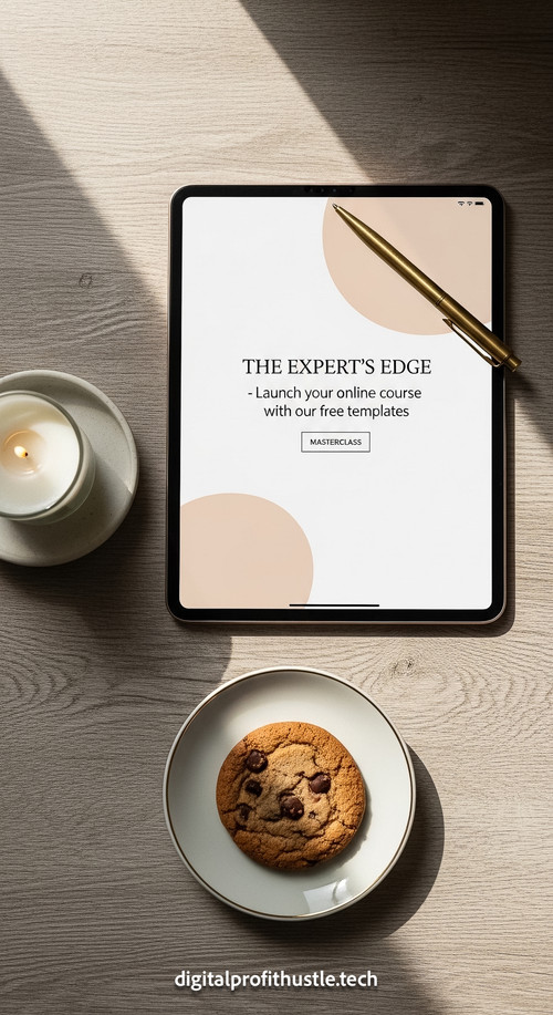 84 Overhead view of an iPad showing a landing page for a masterclass a brass pen a small white candl.jpg