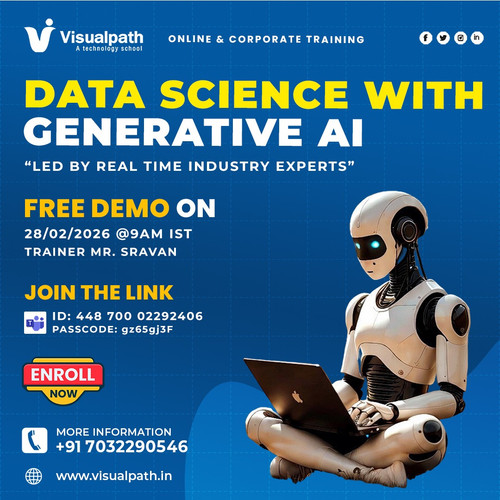 🎯 Don’t Miss Out! Join FREE Data Science with Generative AI Live Demo!
🚀Join Visualpath FREE Live Demo to master Data Science, Machine Learning & Generative AI with real-time industry expert guidance.

✨ Demo Details:
📅 Date: 28th February 2026
🕗 Time: 9:00 AM IST
👨‍🏫 Trainer: Mr. Sravan
🔗 Join Now: https://bit.ly/4rMIcsT 
🆔 Meeting ID:  448 700 02292406
📌 Passcode: gz65gj3F

📞 Call: +91 7032290546
💬 WhatsApp: https://wa.me/c/917032290546
🌐 Website: https://www.visualpath.in/online-data-science-with-generative-ai-course.html 
📝 Blog: https://visualpathblogs.com/category/data-science-and-genai/ 
📢 𝗟𝗶𝗺𝗶𝘁𝗲𝗱 𝘀𝗲𝗮𝘁𝘀 – 𝗝𝗼𝗶𝗻 𝗲𝗮𝗿𝗹𝘆!