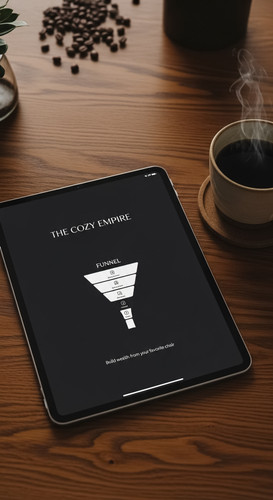 81 Flat lay of an iPad on a dark oak desk showing a clean funnel layout and a cup of coffee Text THE.jpg