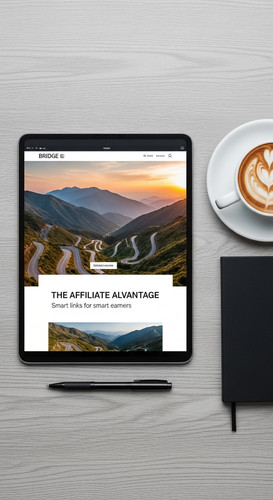 87 Flat lay of a tablet showing a bridge page design and a cup of coffee Text THE AFFILIATE ADVANTAG.jpg