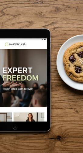 86 Overhead view of an iPad showing a landing page for a masterclass and a cookie Text EXPERT FREEDO.jpg