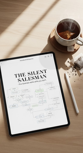 85 Flat lay of an iPad displaying an automated email sequence map and a cup of tea Text THE SILENT S.jpg