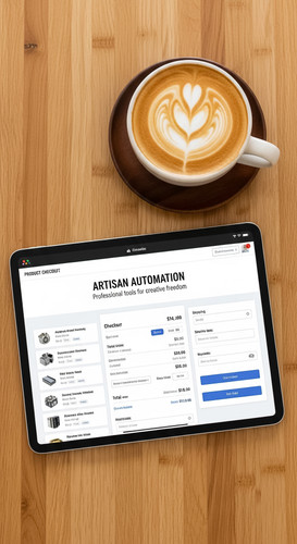 84 Topdown view of a tablet showing a product checkout page and a latte Text ARTISAN AUTOMATION Prof.jpg