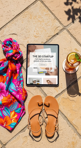 105 Flat lay of an iPad displaying a digital product mockup a colorful silk sarong a pair of leather.jpg