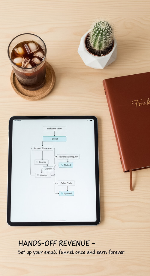 106 Overhead shot of an iPad showing an email automation sequence a Freedom leather journal a small .jpg