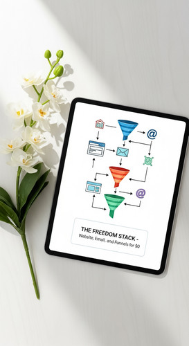 93 Flat lay of an iPad showing a funnel flowchart and a sprig of white orchids Text THE FREEDOM STAC.jpg