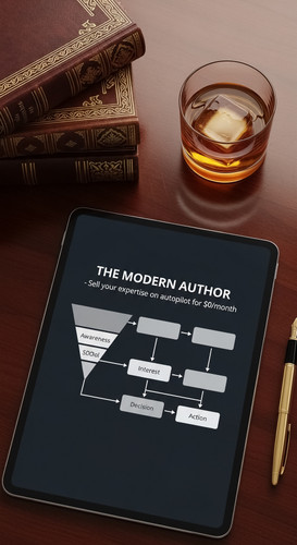 116 Topdown view of a tablet showing a digital ebook funnel a goldnibbed pen a stack of leatherbound.jpg