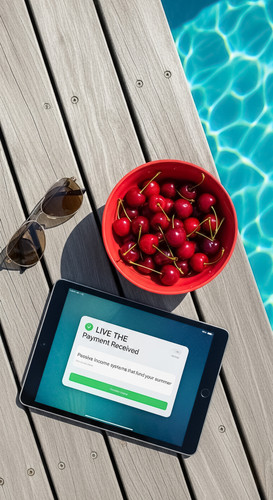 101 A topdown flat lay of an iPad on a weathered teak deck showing a Payment Received notification a.jpg