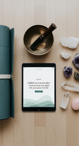 117 Flat lay of an iPad displaying a Join Now page a yoga mat a brass singing bowl and a cluster of .jpg