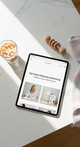 114 Overhead shot of an iPad showing a sales page a babys knitted blanket edge of frame a wooden rat.jpg