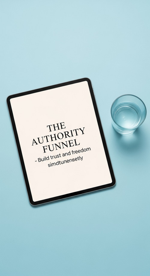 95 Flat lay of an iPad on a light blue background and a glass of water Text THE AUTHORITY FUNNEL Bui.jpg