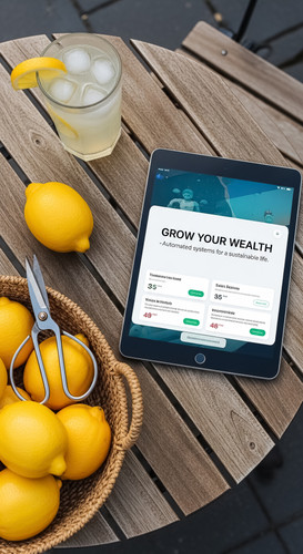 111 Flat lay of an iPad on a garden bistro table showing sales notifications a basket of fresh lemon.jpg