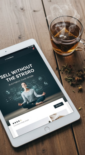 94 Topdown view of a tablet displaying a product page and a cup of herbal tea Text SELL WITHOUT THE .jpg