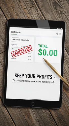 122 Overhead view of a tablet displaying a 0 Systemeio invoice a cancelled subscription to ClickFunn.jpg