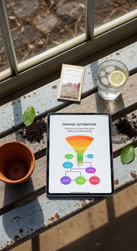 121 Flat lay of an iPad on a greenhouse bench showing a funnel flowchart a terracotta pot a packet o.jpg