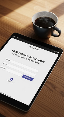 100 Topdown view of a tablet showing a checkout page and a cup of coffee Text YOUR FREEDOM STARTS HE.jpg
