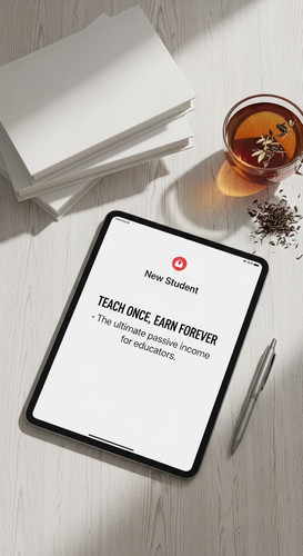 129 Flat lay of an iPad showing a New Student notification a silver pen a stack of white textbooks a.jpg