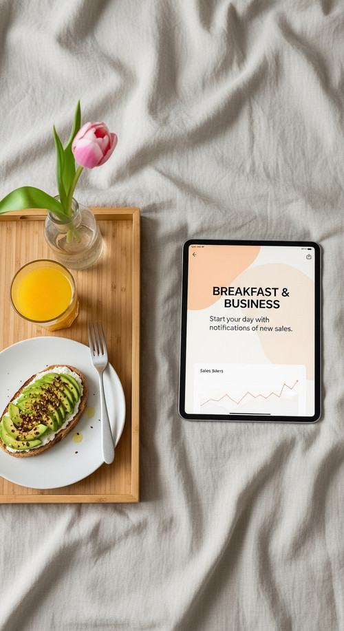 125 Flat lay of an iPad on a linen bedsheet showing a sales alert a breakfast tray with avocado toas.jpg