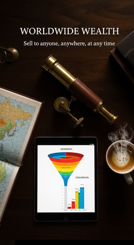 130 Overhead shot of an iPad showing a sales funnel graph a world atlas a vintage brass telescope an.jpg