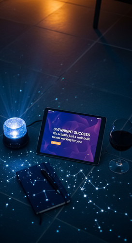 131 Flat lay of an iPad on a patio showing a landing page a star projector a dark blue notebook and .jpg