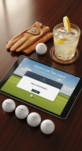 132 Topdown view of an iPad showing a New Commission popup a set of luxury golf balls a leather glov.jpg