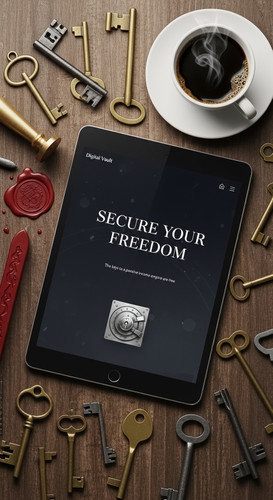 144 Topdown view of an iPad displaying a Digital Vault landing page a set of antique keys a wax seal.jpg