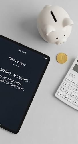 134 Overhead view of an iPad showing a Free Forever account status a ceramic piggy bank a gold coin .jpg