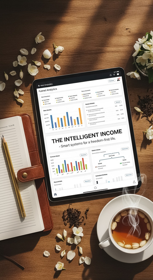 142 Overhead shot of a tablet showing a funnel analytics page a leatherbound diary a gold pencil and.jpg