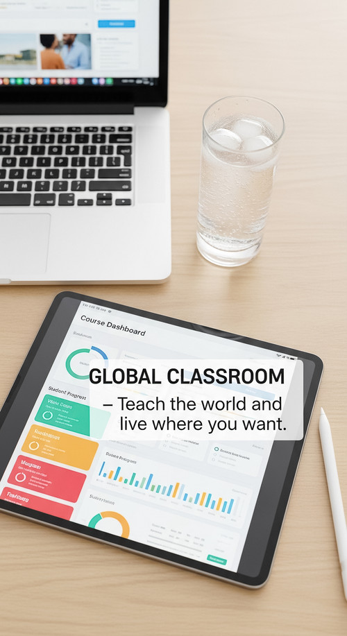 156 Topdown view of an iPad showing a Course Dashboard a white laptop a silver stylus and a glass of.jpg