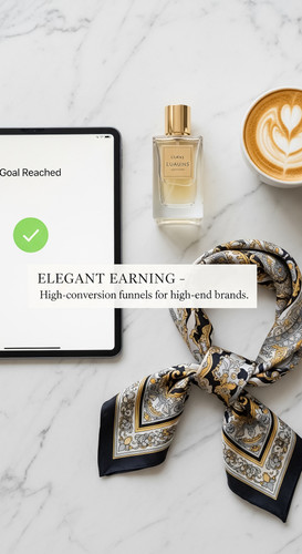 137 Flat lay of an iPad showing a Goal Reached alert a bottle of luxury perfume a silk neck scarf an.jpg