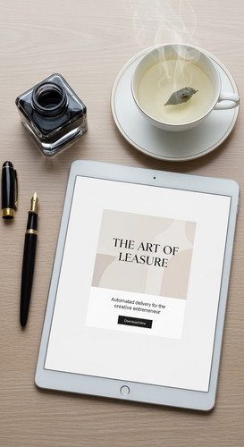 136 Topdown shot of an iPad showing a digital product delivery email a glass inkwell a fountain pen .jpg