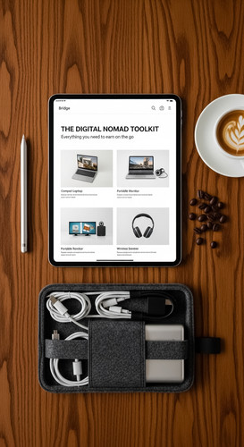 147 Flat lay of an iPad on a dark oak desk showing a bridge page for tech gear a silver stylus a tec.jpg
