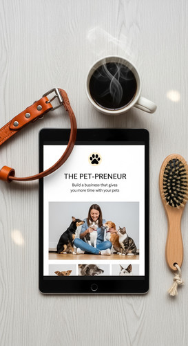 150 Overhead view of a tablet showing a sales page for a pet course a leather dog collar a wooden br.jpg