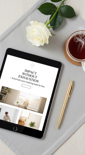 157 Flat lay of an iPad showing a sales page for a coaching offer a gold pen a single white rose and.jpg