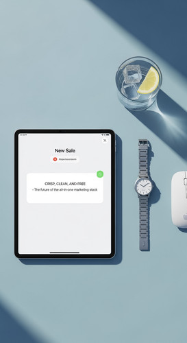 143 Flat lay of an iPad on a light blue desk showing a New Sale notification a silver watch a white .jpg