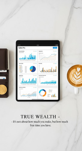 148 Topdown view of an iPad showing a sales dashboard a slim leather wallet a gold coin and a latte .jpg