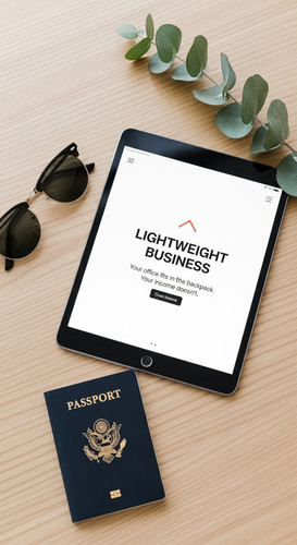 159 Flat lay of an iPad on a light wood desk showing a landing page a pair of sunglasses a passport .jpg