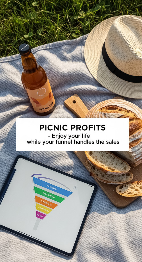 135 Flat lay of an iPad on a picnic blanket showing a funnel map a loaf of sourdough a bottle of kom.jpg