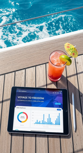 139 Flat lay of an iPad on a ships deck showing a sales dashboard a view of blue water a tropical dr.jpg