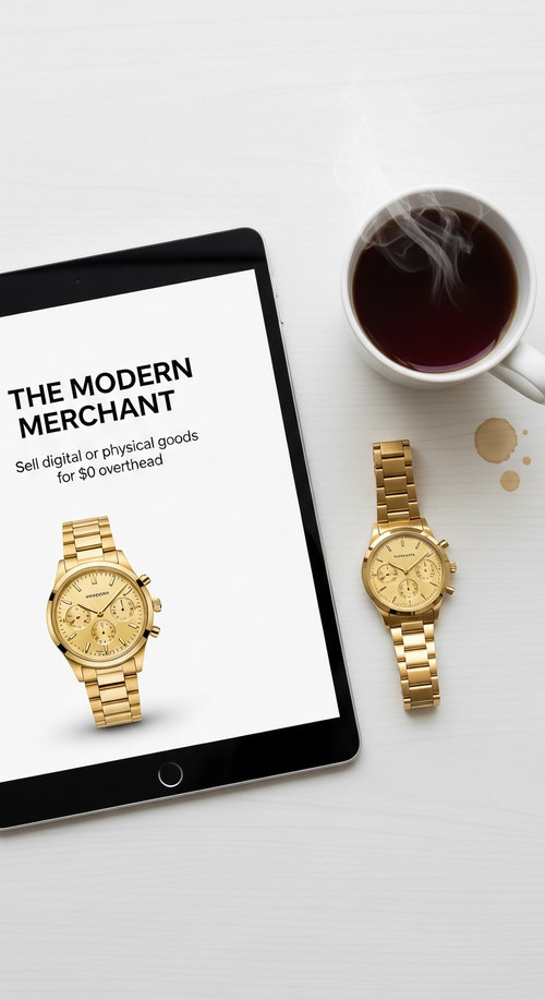 173 Topdown view of a tablet displaying a product page a gold watch and a cup of black tea Text THE .jpg