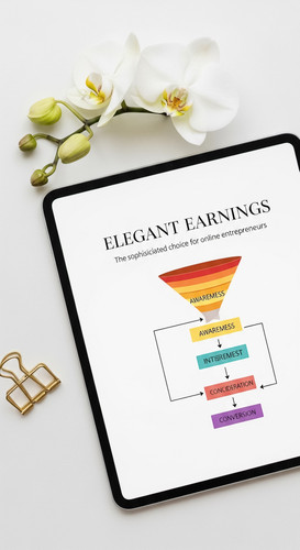 172 Flat lay of an iPad showing a funnel flowchart a gold paperclip and a sprig of white orchids Tex.jpg