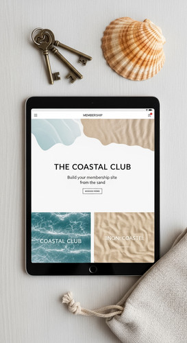 166 Flat lay of an iPad showing a membership site design a set of keys a linen bag and a sea shell T.jpg